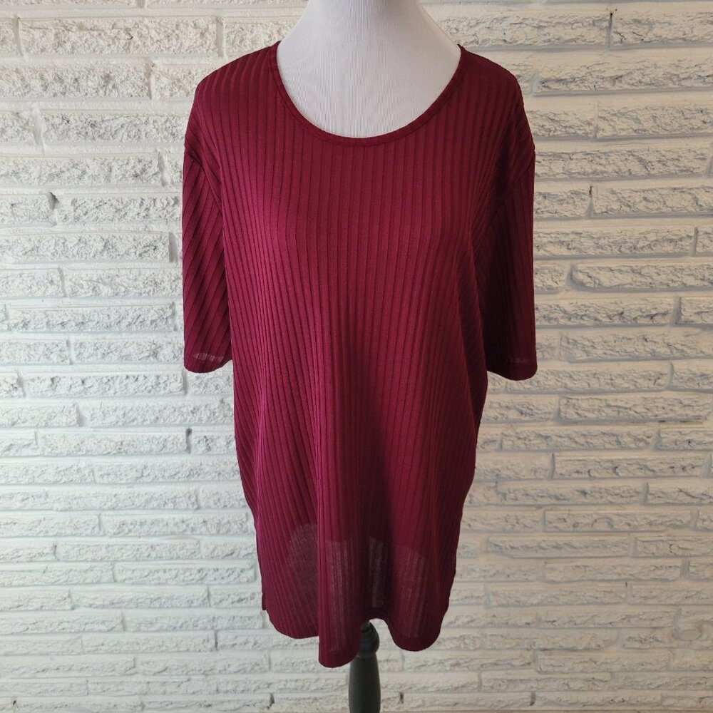 Ashley Stewart Burgundy Sheer Blouse 18/20 Plus Round Neck Short Sleeve BUR10E